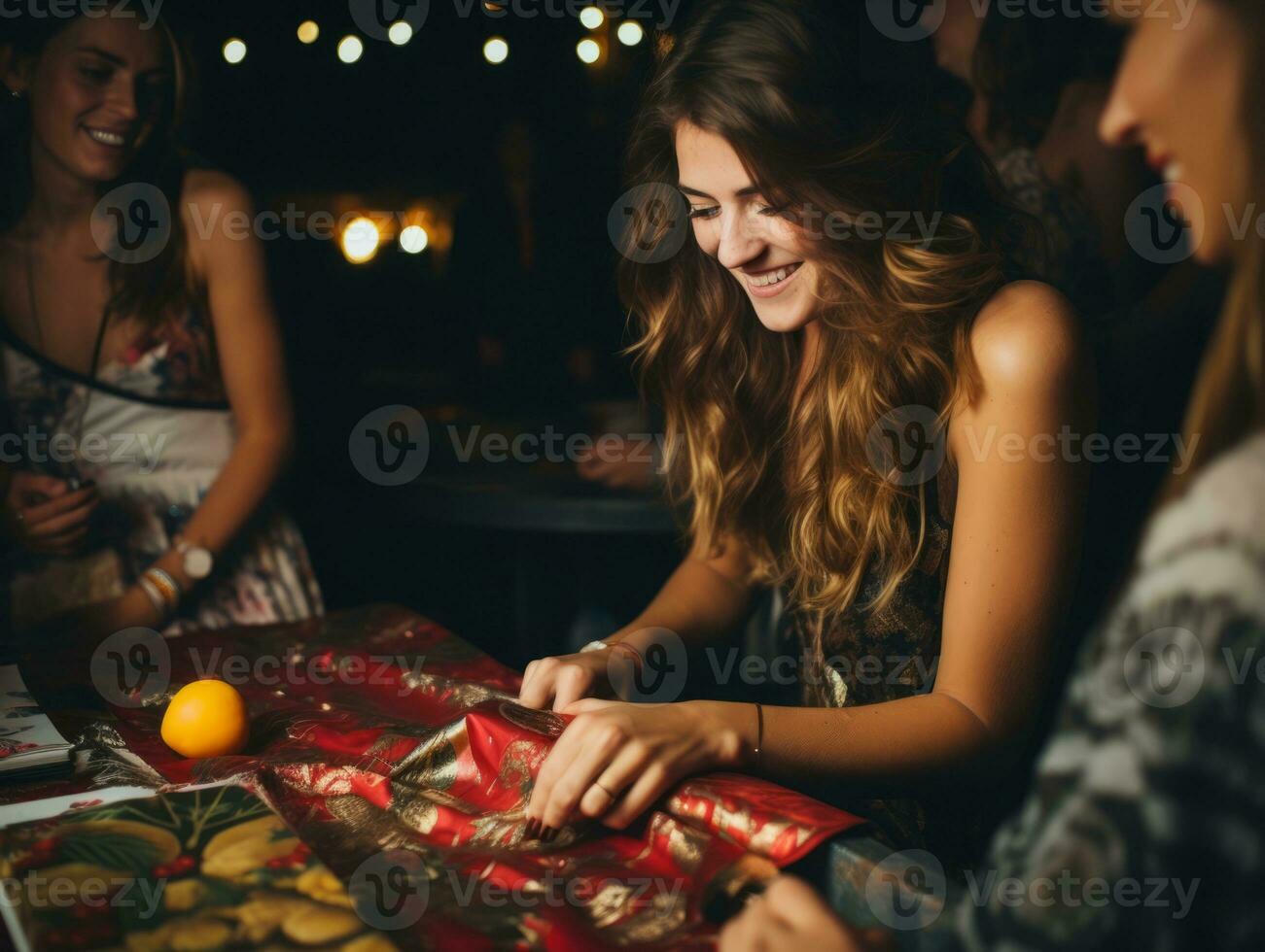 Woman wrapping presents with holiday themed wrapping paper AI Generative photo