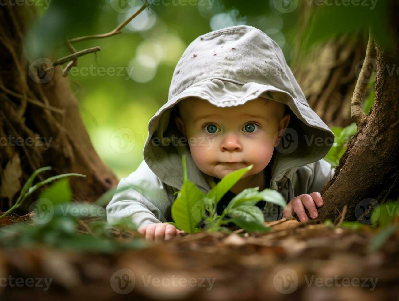Adorable baby exploring the nature AI Generative photo