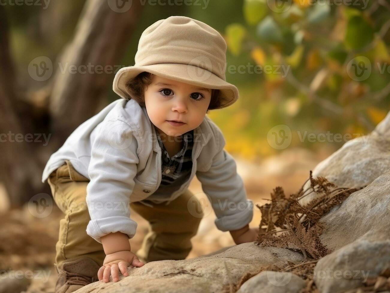 Adorable baby exploring the nature AI Generative photo