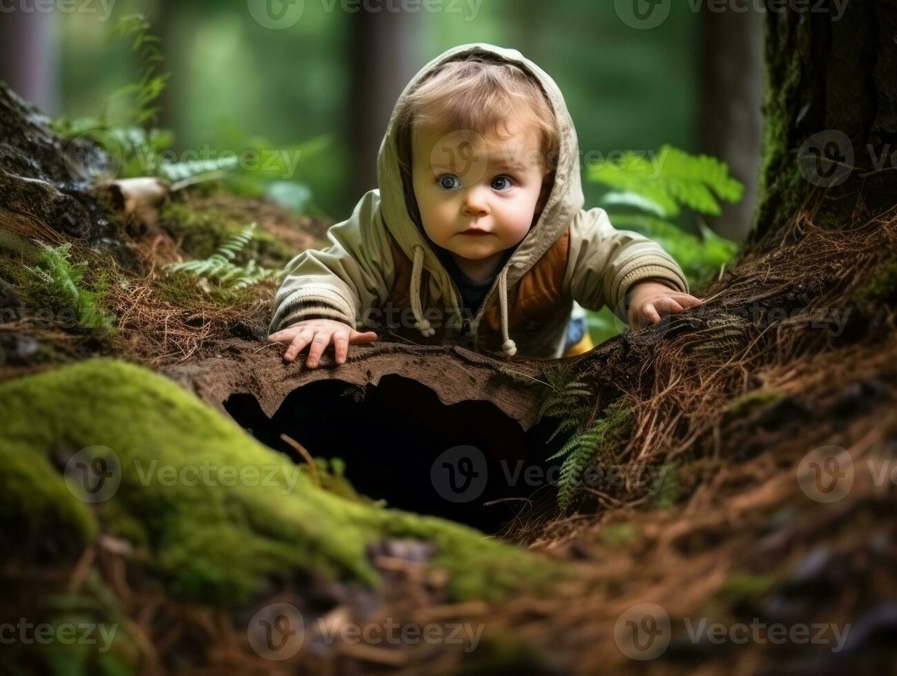 Adorable baby exploring the nature AI Generative photo