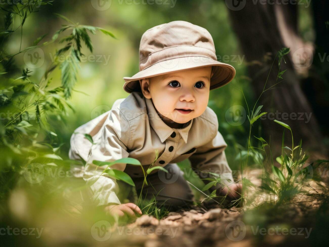 Adorable baby exploring the nature AI Generative photo