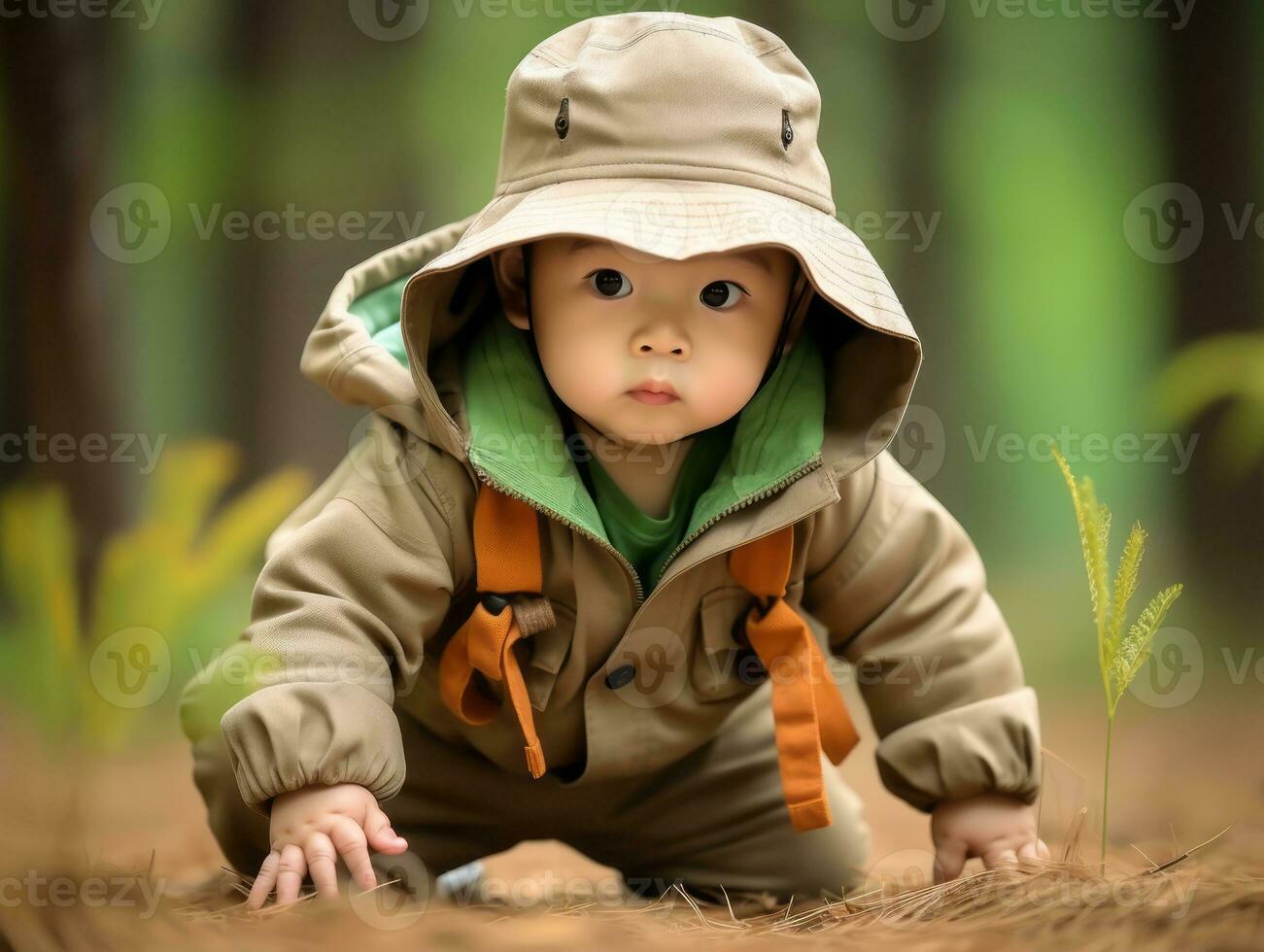 Adorable baby exploring the nature AI Generative photo