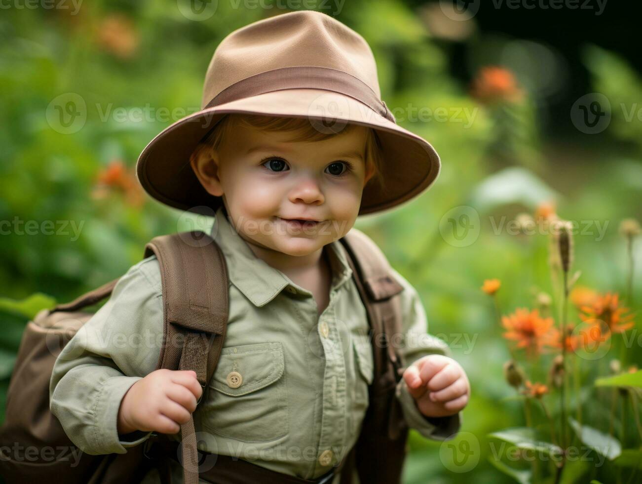 Adorable baby exploring the nature AI Generative photo