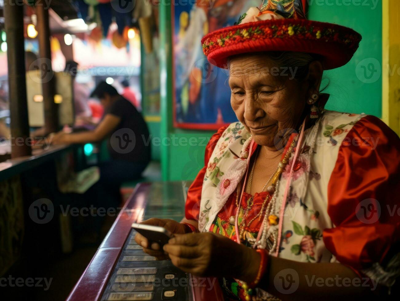 old woman from Colombia using a smartphone for online communication AI Generative photo