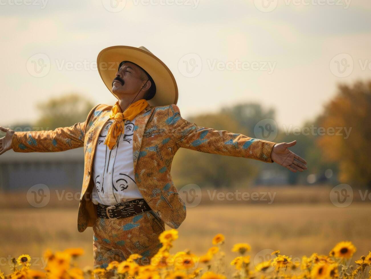 photo of emotional dynamic pose Mexican man in autumn AI Generative