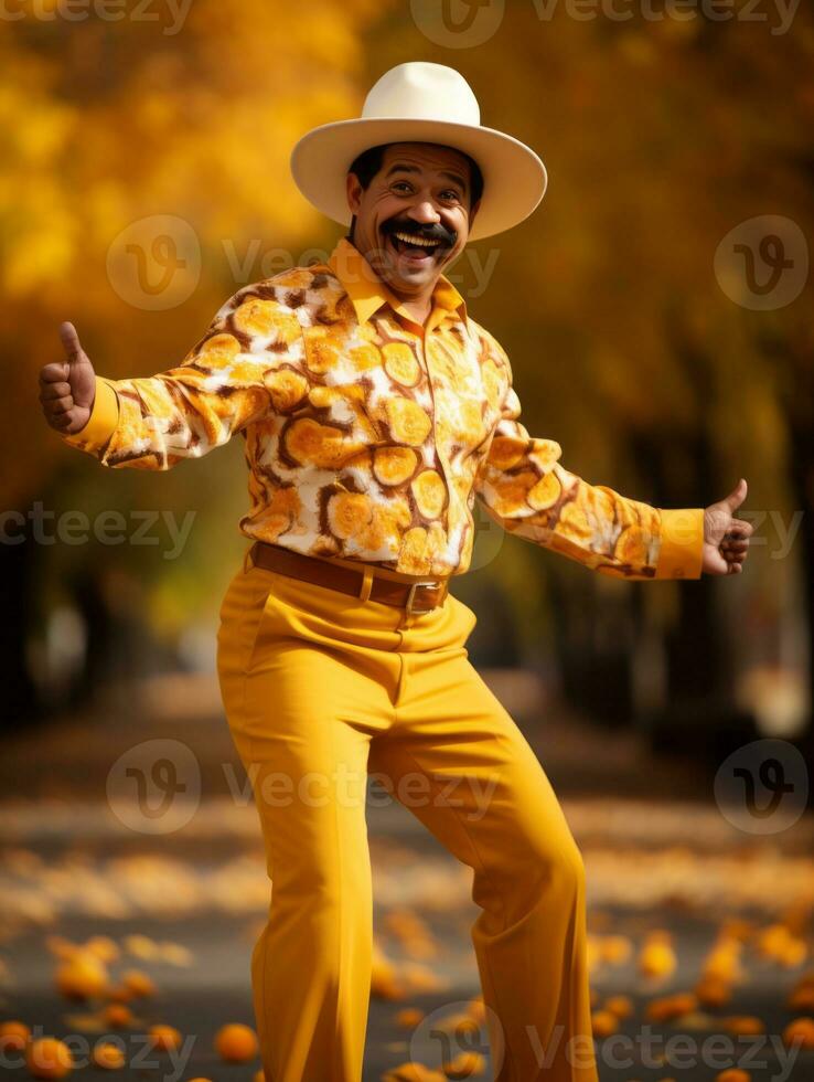 photo of emotional dynamic pose Mexican man in autumn AI Generative