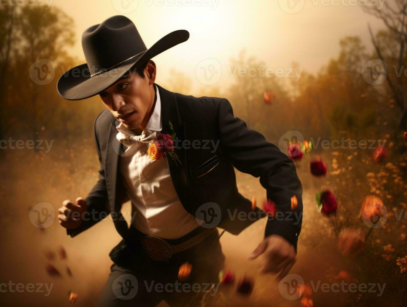 photo of emotional dynamic pose Mexican man in autumn AI Generative