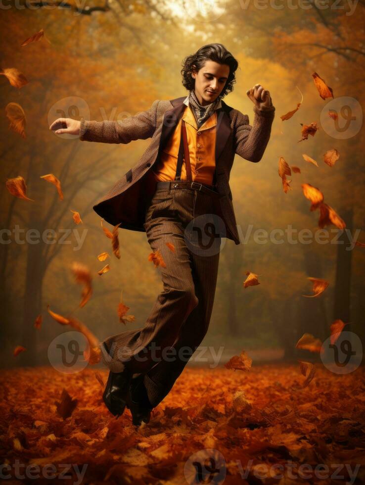 photo of emotional dynamic pose Mexican man in autumn AI Generative