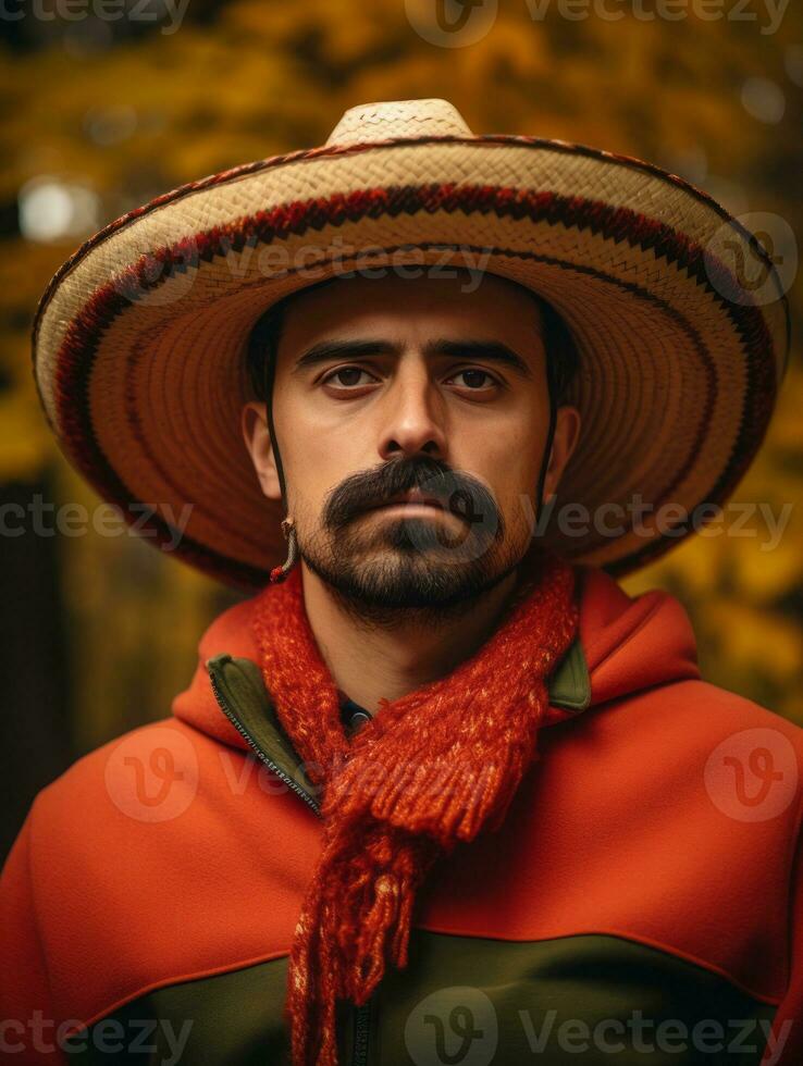 photo of emotional dynamic pose Mexican man in autumn AI Generative