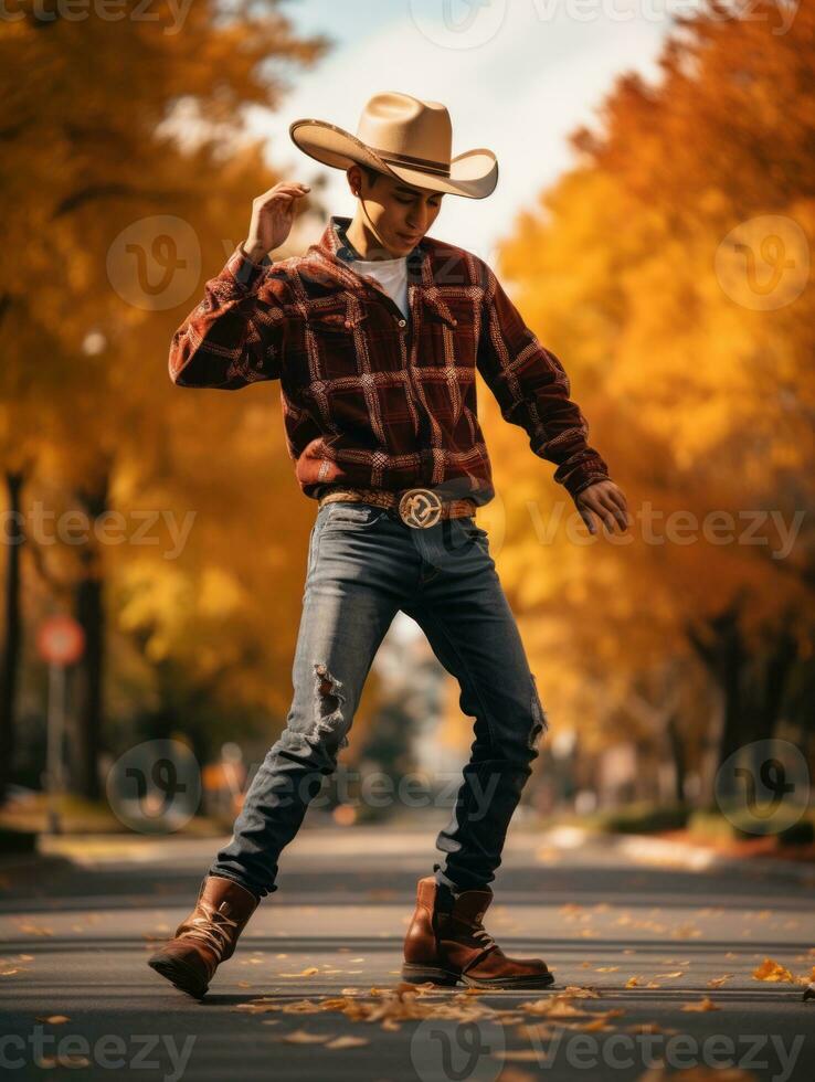 photo of emotional dynamic pose Mexican man in autumn AI Generative