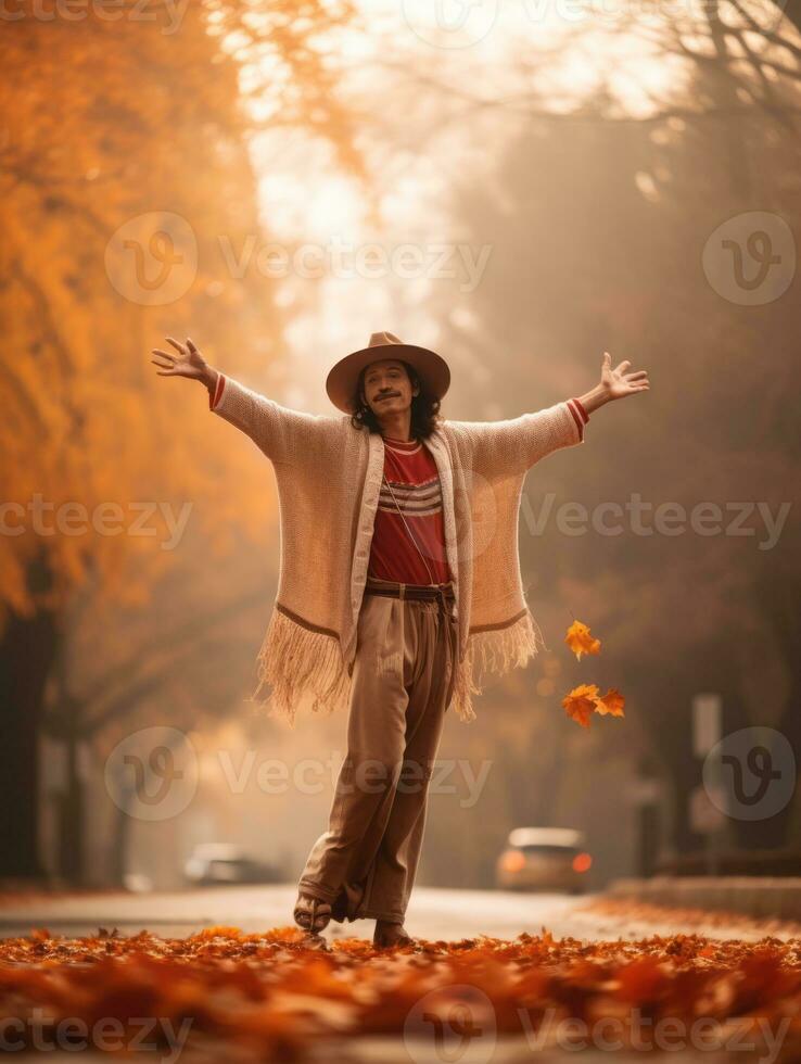 photo of emotional dynamic pose Mexican man in autumn AI Generative