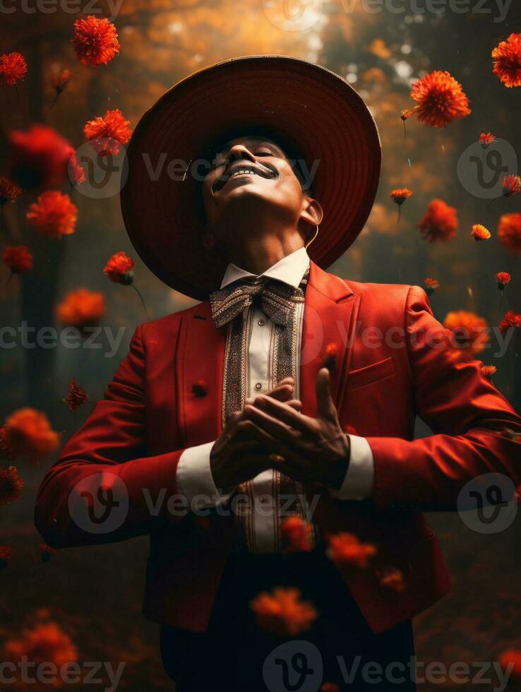 photo of emotional dynamic pose Mexican man in autumn AI Generative