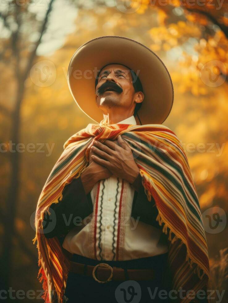 photo of emotional dynamic pose Mexican man in autumn AI Generative