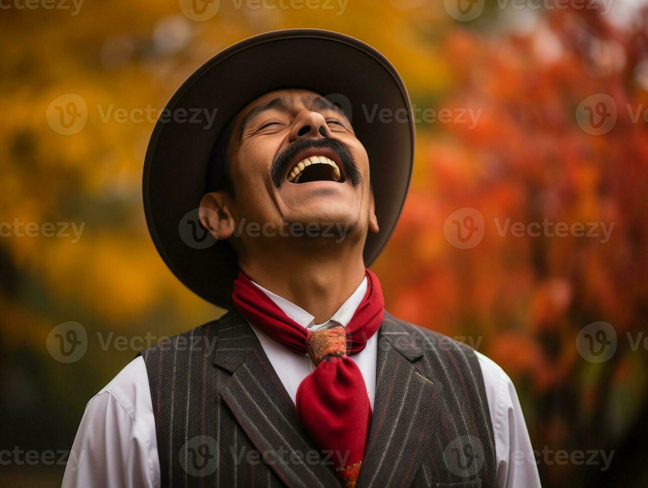 photo of emotional dynamic pose Mexican man in autumn AI Generative