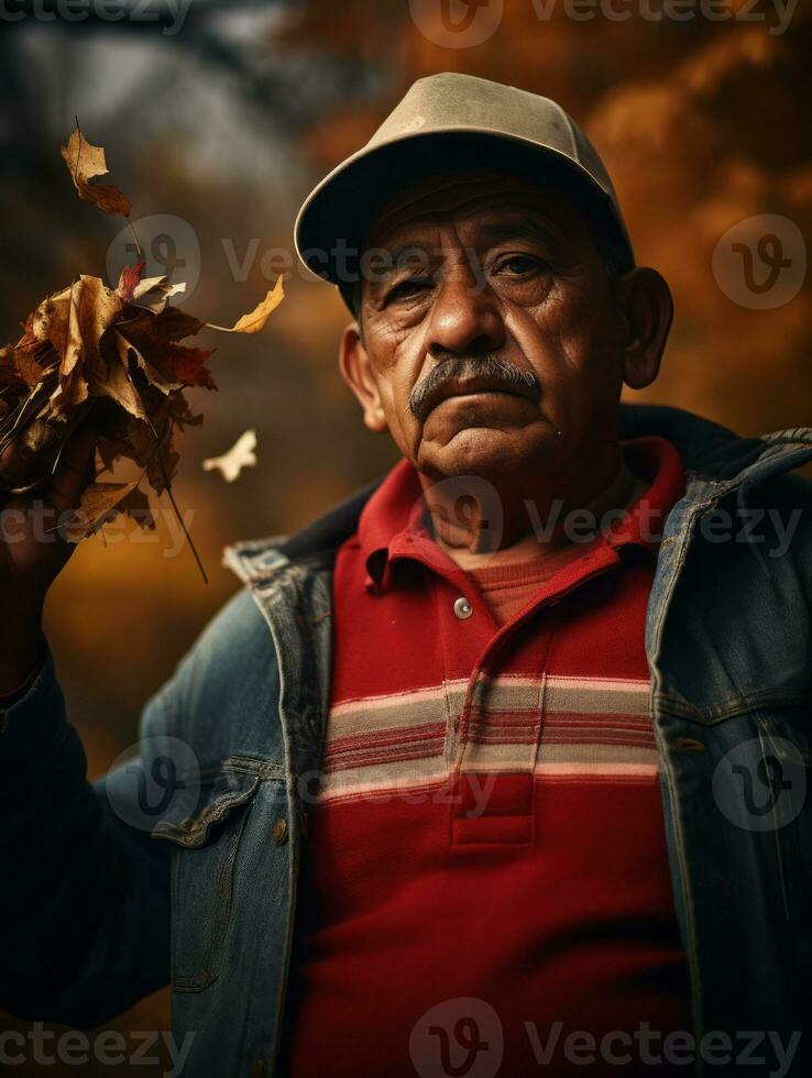 photo of emotional dynamic pose Mexican man in autumn AI Generative