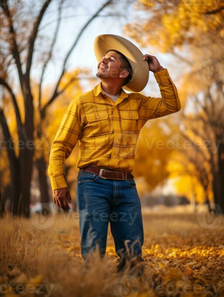 photo of emotional dynamic pose Mexican man in autumn AI Generative