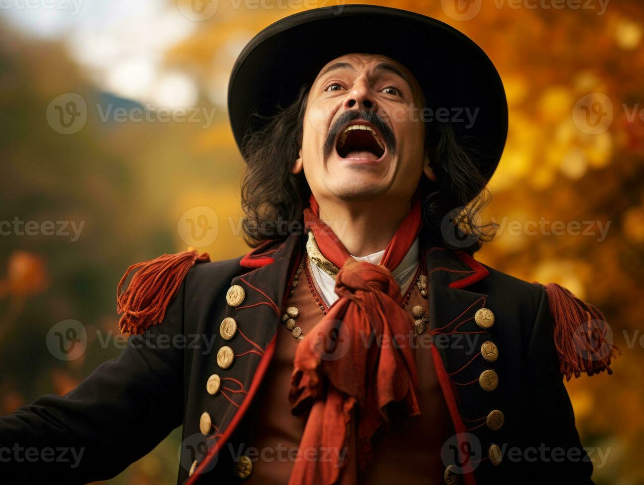 photo of emotional dynamic pose Mexican man in autumn AI Generative