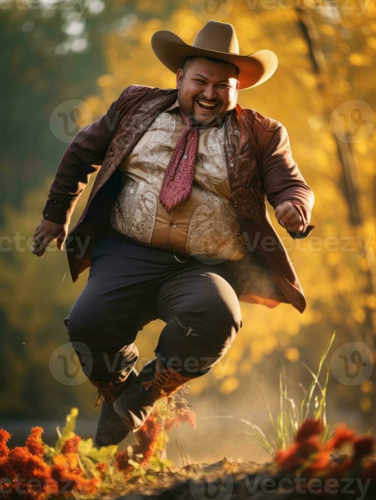 photo of emotional dynamic pose Mexican man in autumn AI Generative