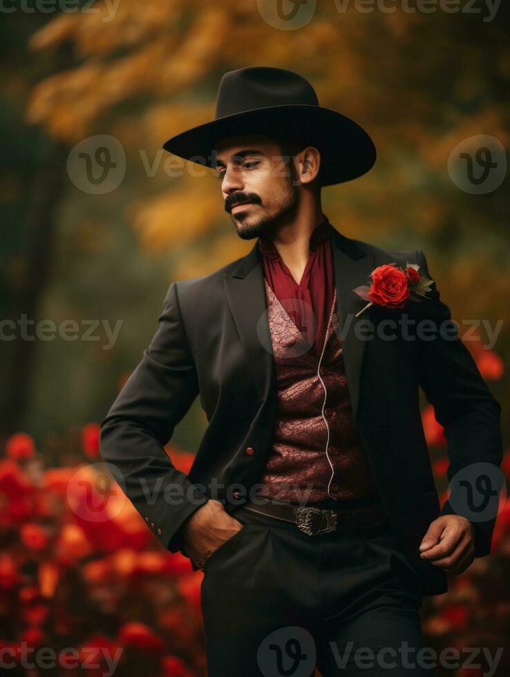 photo of emotional dynamic pose Mexican man in autumn AI Generative