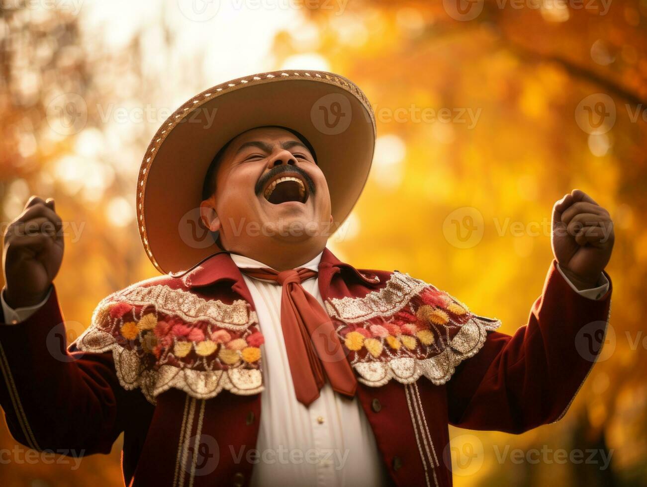 photo of emotional dynamic pose Mexican man in autumn AI Generative