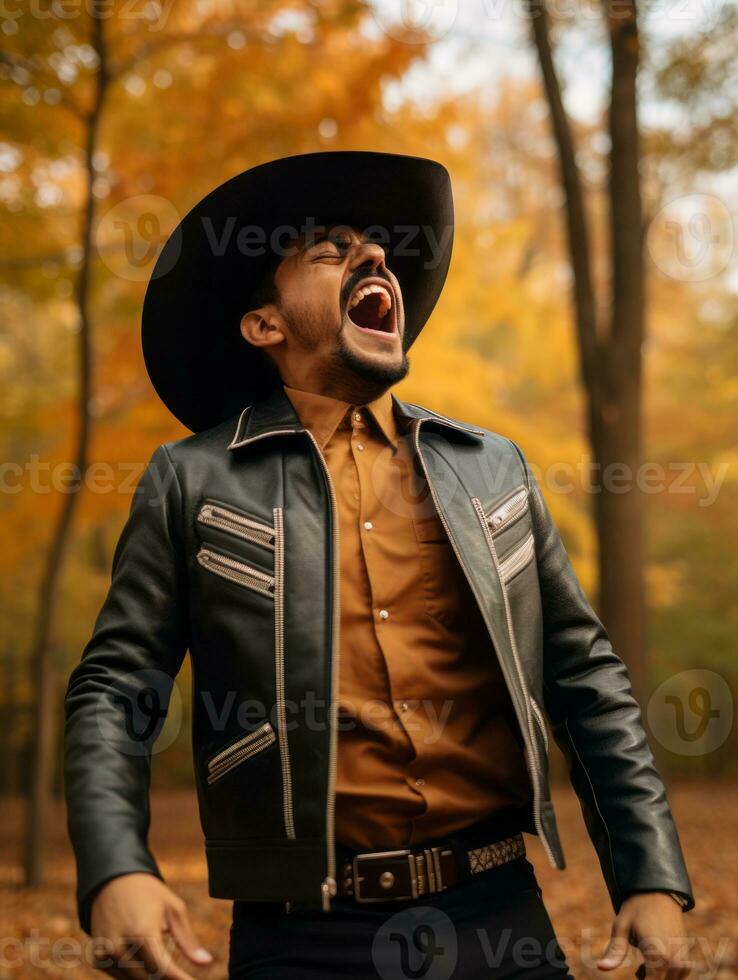 photo of emotional dynamic pose Mexican man in autumn AI Generative