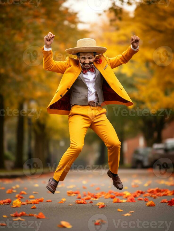 photo of emotional dynamic pose Mexican man in autumn AI Generative