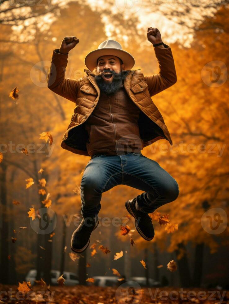 photo of emotional dynamic pose Mexican man in autumn AI Generative