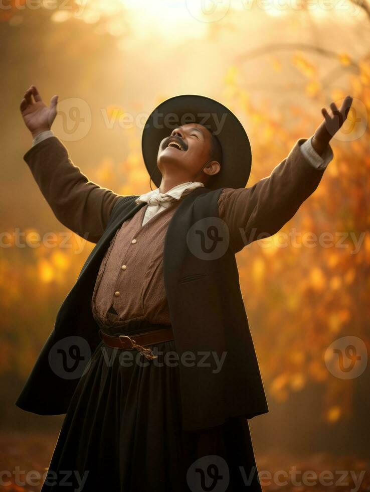 photo of emotional dynamic pose Mexican man in autumn AI Generative