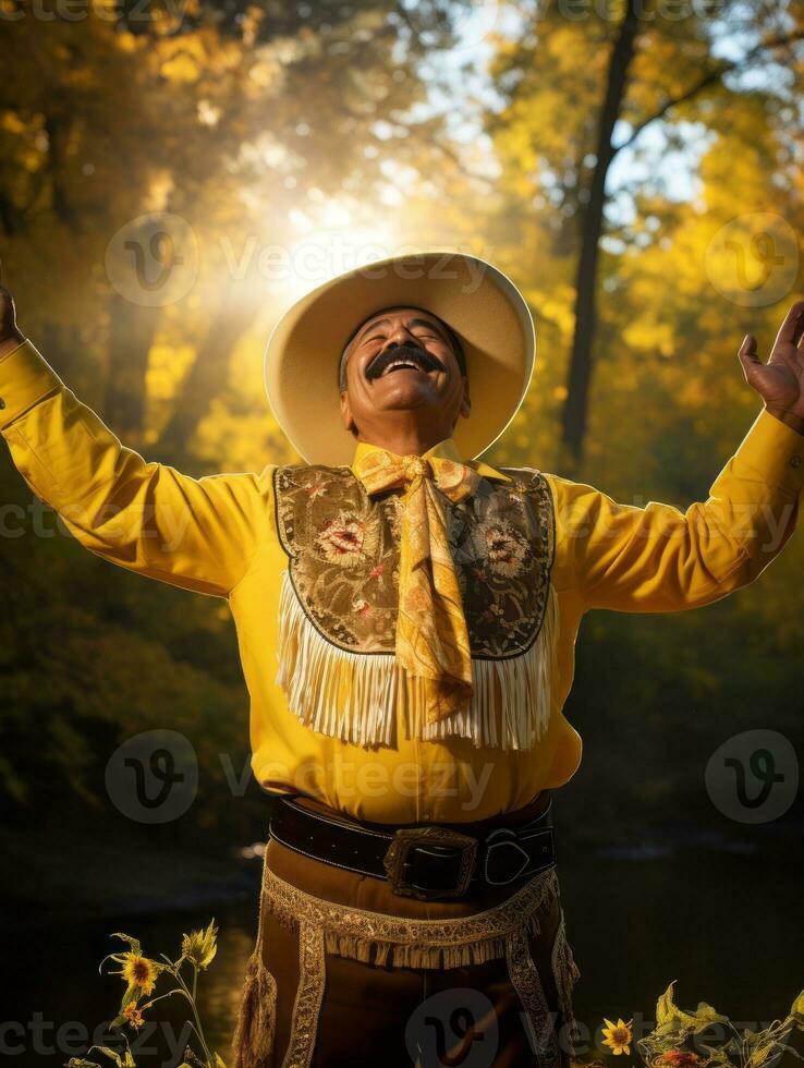 photo of emotional dynamic pose Mexican man in autumn AI Generative