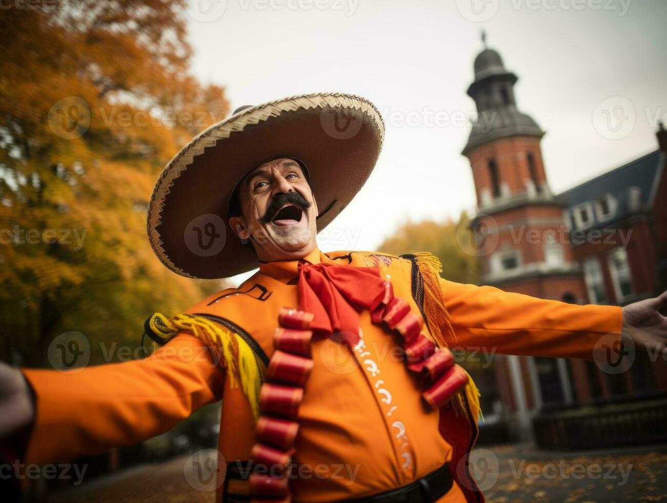 photo of emotional dynamic pose Mexican man in autumn AI Generative