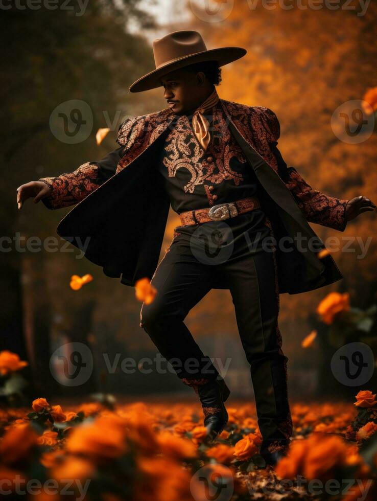 photo of emotional dynamic pose Mexican man in autumn AI Generative