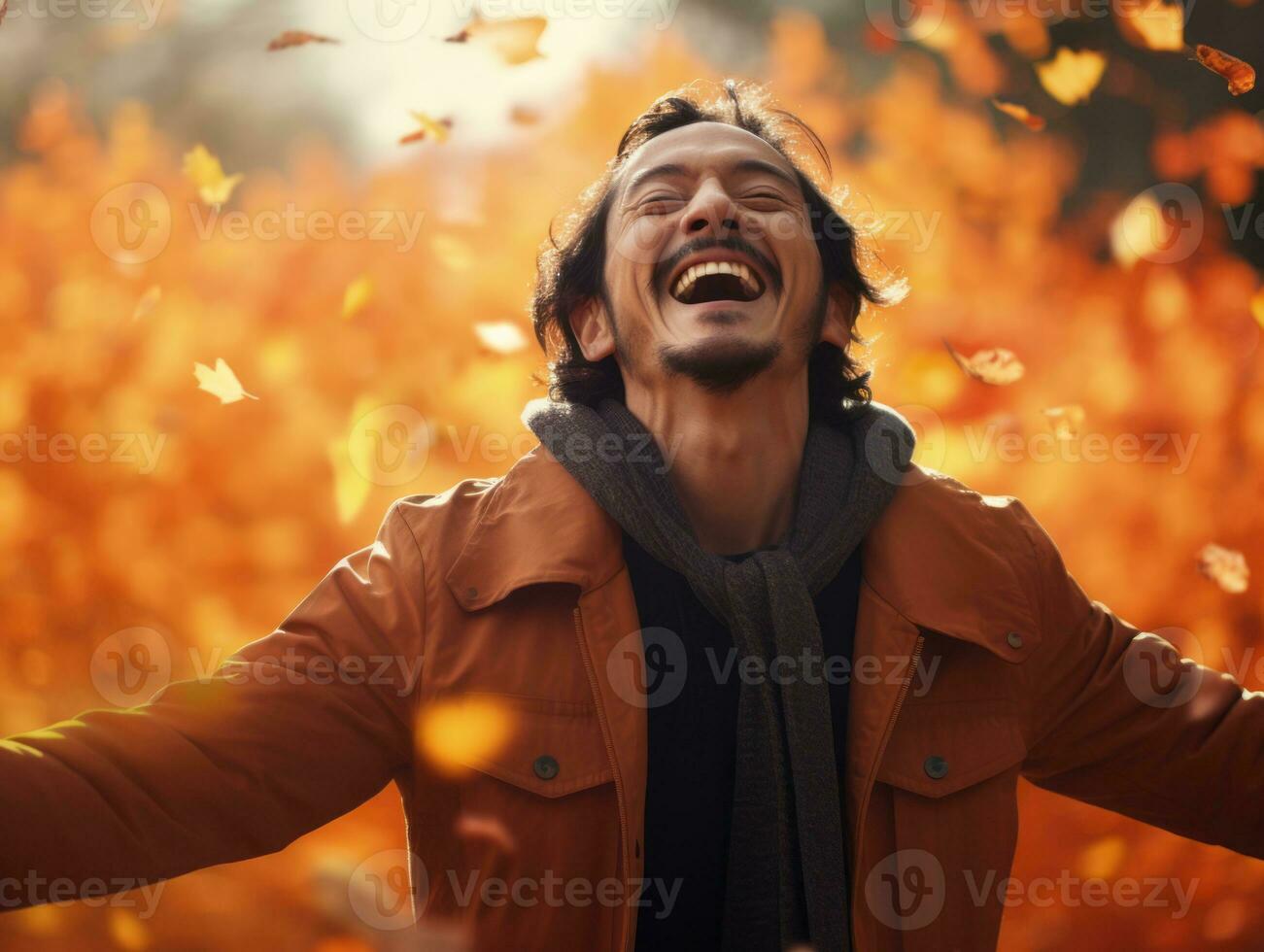 photo of emotional dynamic pose Mexican man in autumn AI Generative