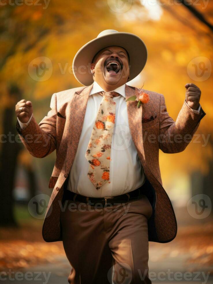 photo of emotional dynamic pose Mexican man in autumn AI Generative