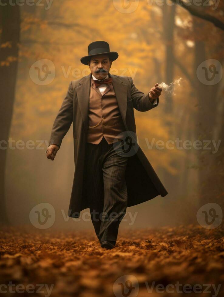 photo of emotional dynamic pose Mexican man in autumn AI Generative