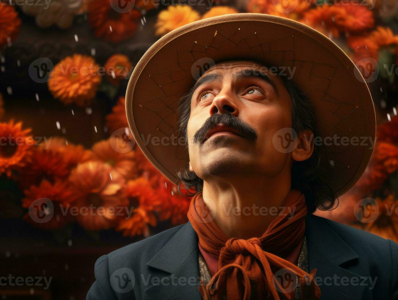 photo of emotional dynamic pose Mexican man in autumn AI Generative