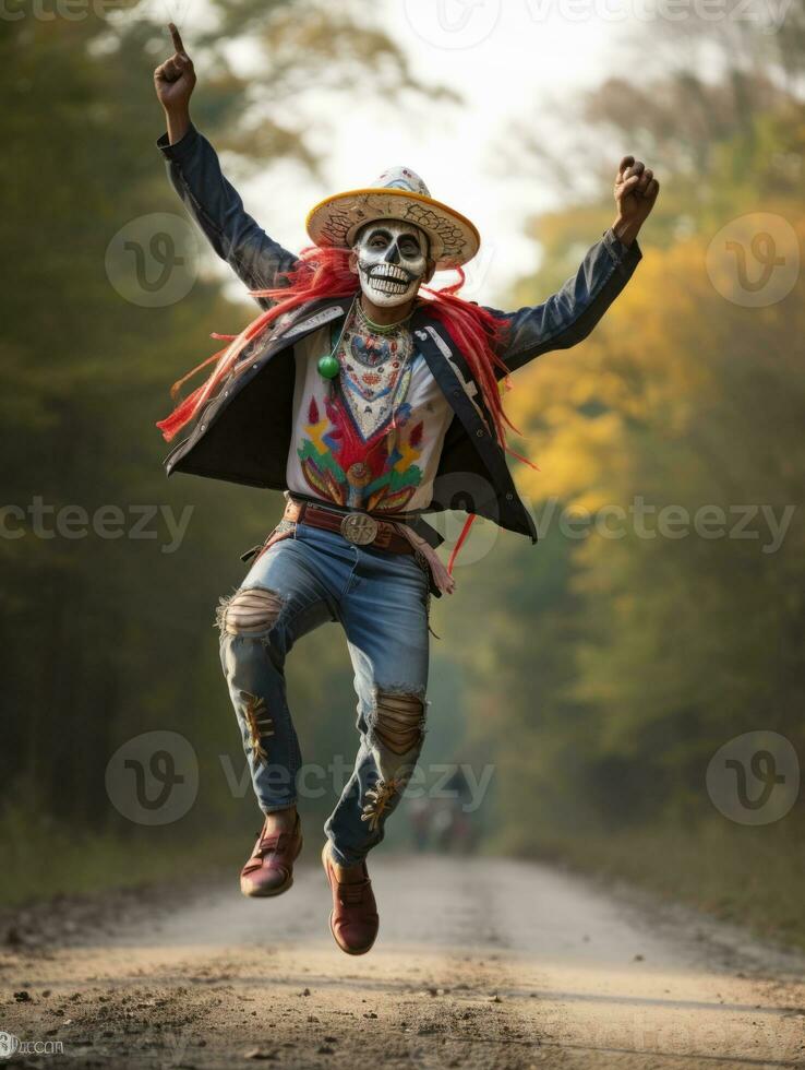 photo of emotional dynamic pose Mexican man in autumn AI Generative