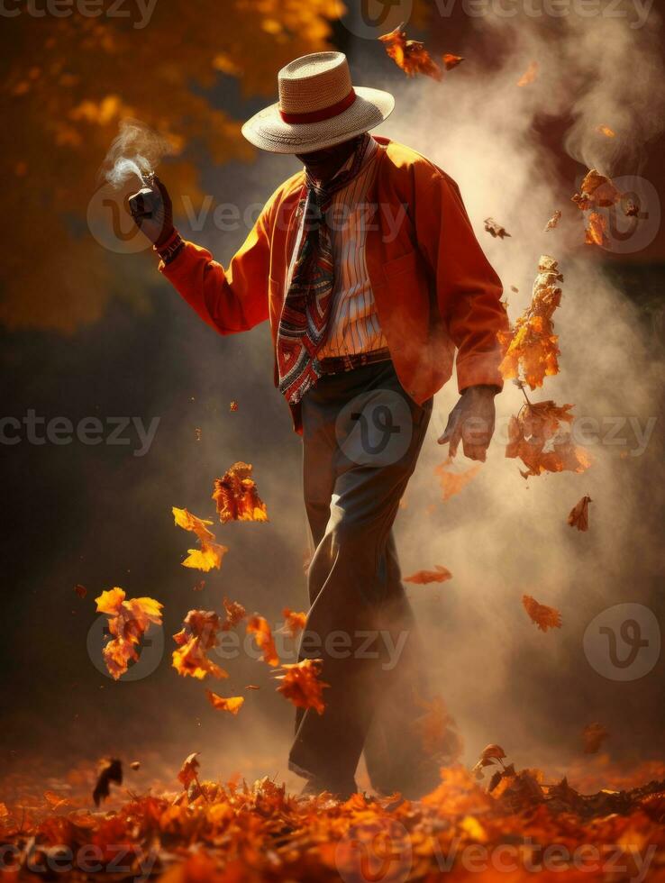 photo of emotional dynamic pose Mexican man in autumn AI Generative