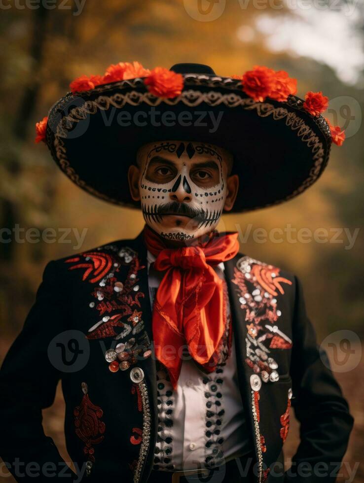 photo of emotional dynamic pose Mexican man in autumn AI Generative