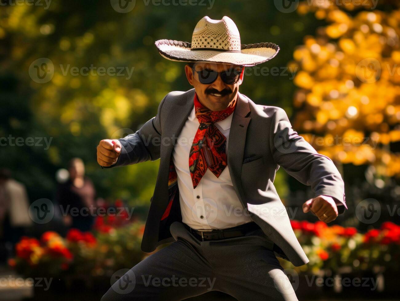 photo of emotional dynamic pose Mexican man in autumn AI Generative