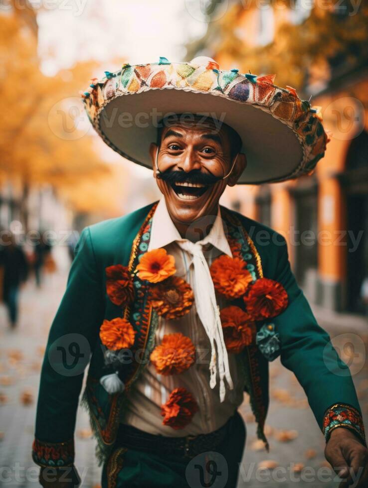 photo of emotional dynamic pose Mexican man in autumn AI Generative