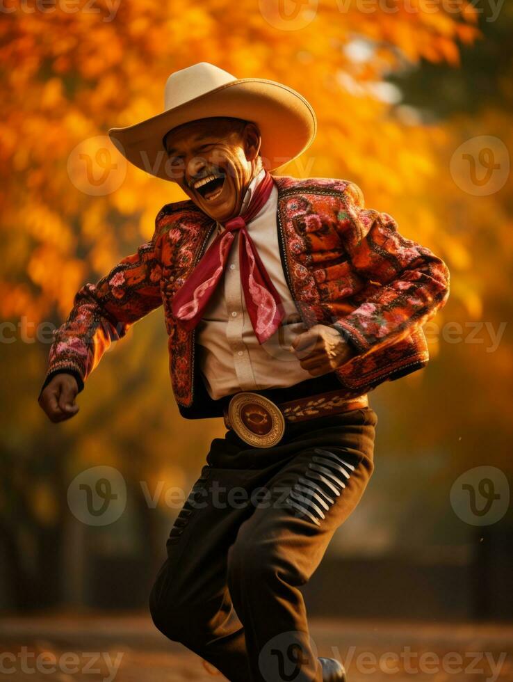 photo of emotional dynamic pose Mexican man in autumn AI Generative