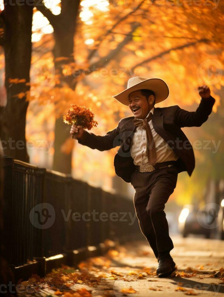 photo of emotional dynamic pose Mexican man in autumn AI Generative