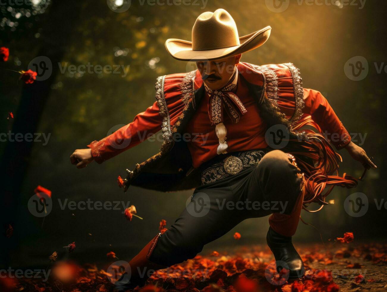 photo of emotional dynamic pose Mexican man in autumn AI Generative