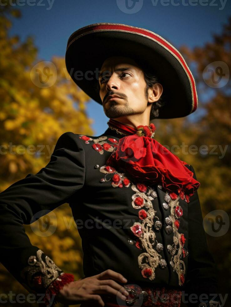 photo of emotional dynamic pose Mexican man in autumn AI Generative