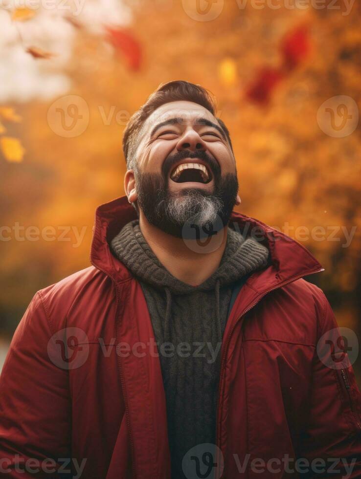 photo of emotional dynamic pose Mexican man in autumn AI Generative