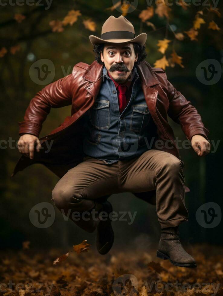 photo of emotional dynamic pose Mexican man in autumn AI Generative