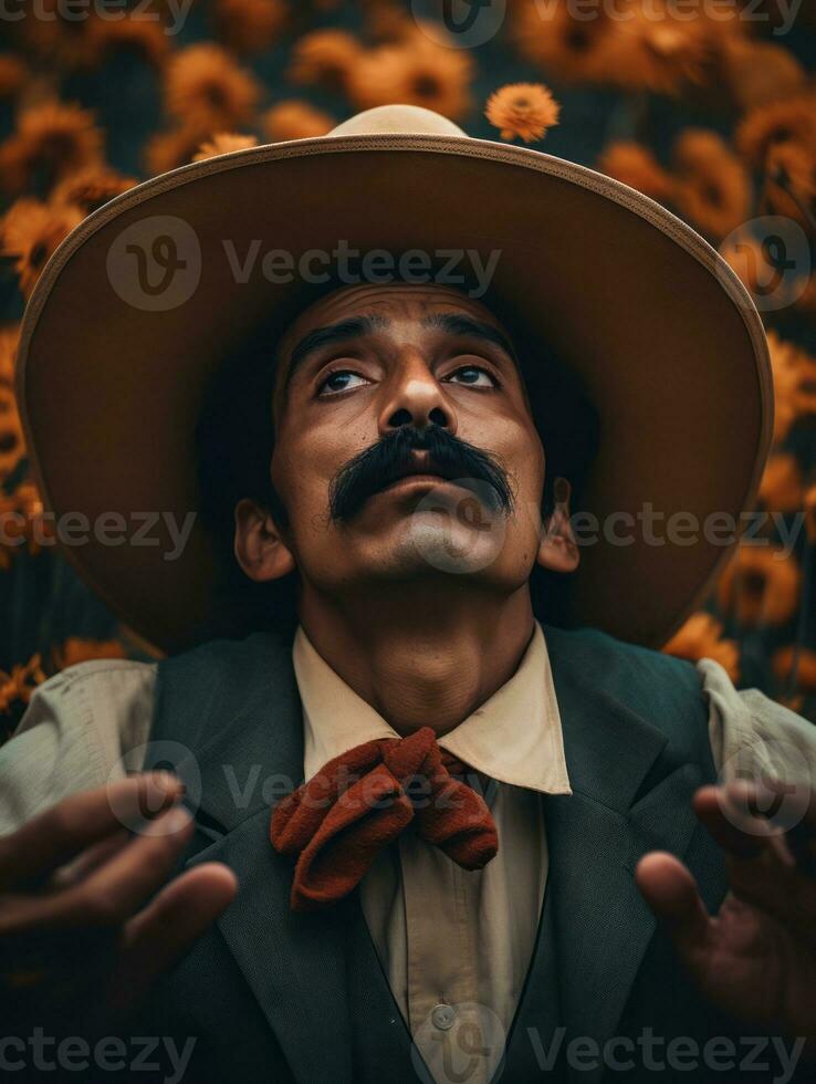 photo of emotional dynamic pose Mexican man in autumn AI Generative