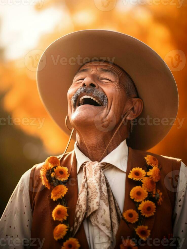 photo of emotional dynamic pose Mexican man in autumn AI Generative