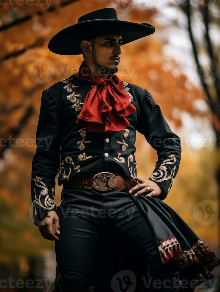 photo of emotional dynamic pose Mexican man in autumn AI Generative