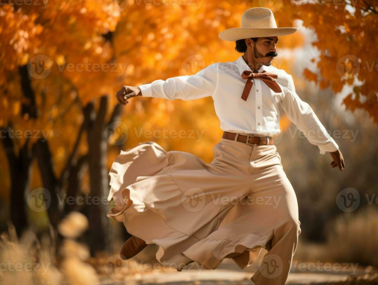 photo of emotional dynamic pose Mexican man in autumn AI Generative